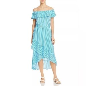 Tommy Bahama Blue White Striped Palm Party Off-the-shoulder Midi Dress Size XL